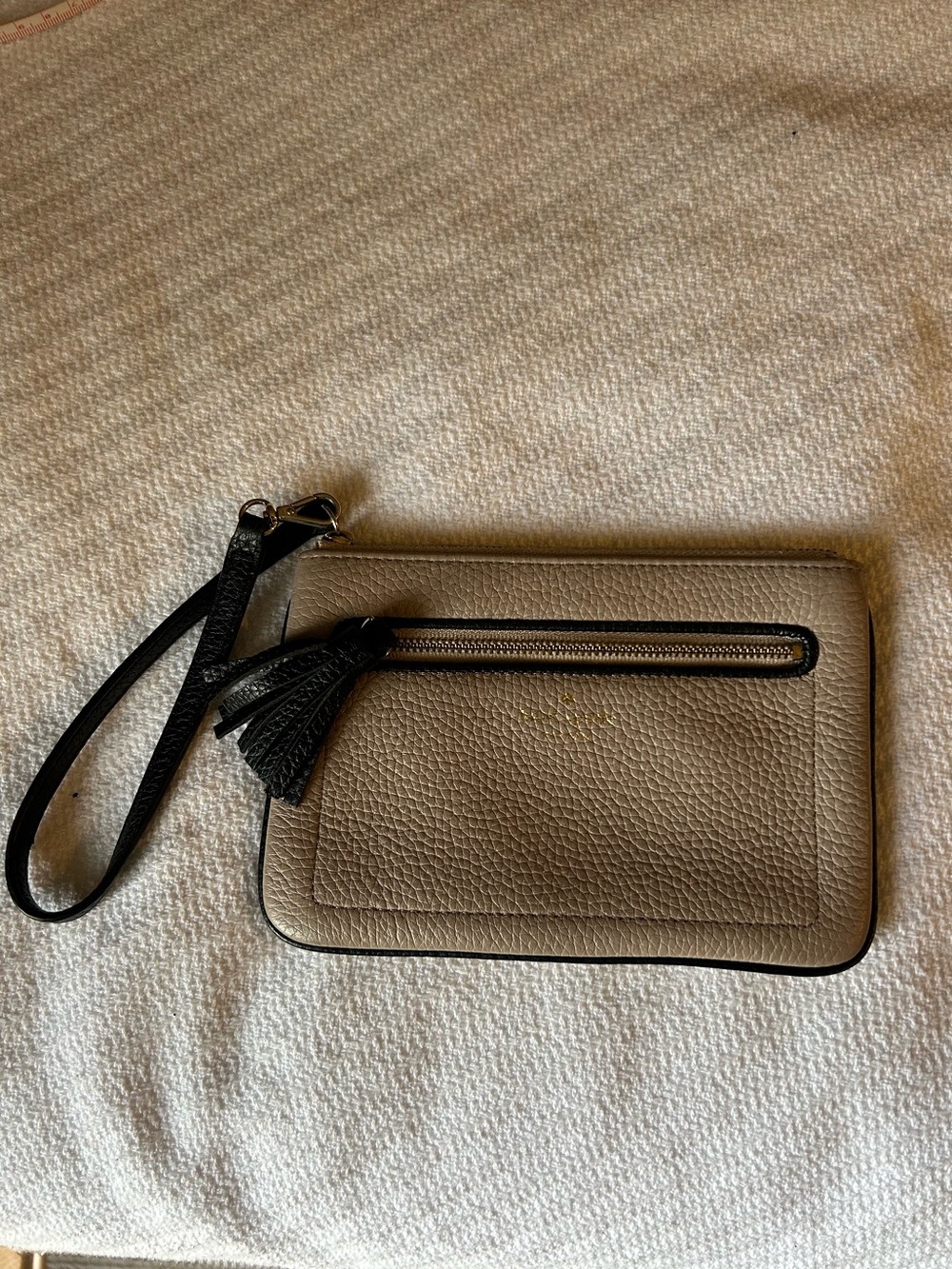 Kate Spade Leather Wristlet, Almond pebbled leather with Black Accents